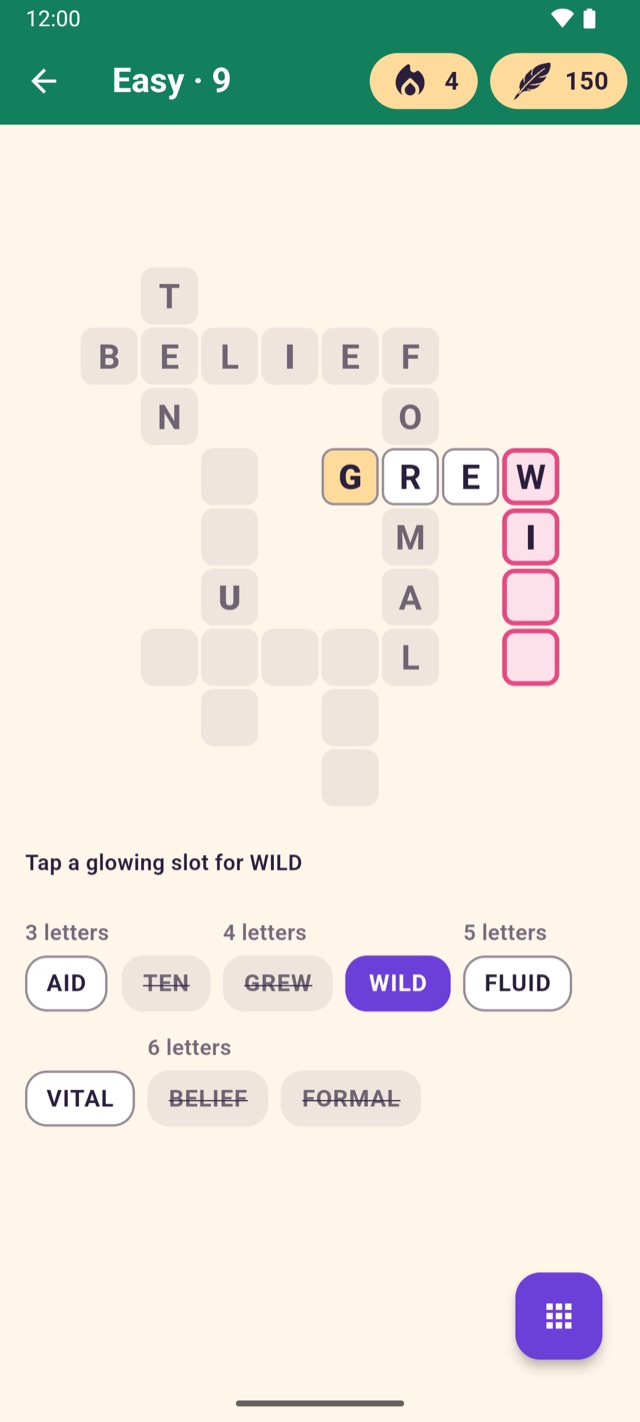 An Easy puzzle with some words placed and one word selected, its slot highlighted in the grid