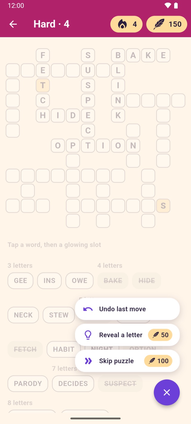 A Hard puzzle with the actions menu open, showing Undo, Reveal and Skip