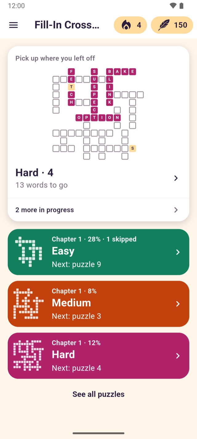 Preview of the Fill-In Crosswords home screen with a puzzle in progress and Easy, Medium and Hard chapters