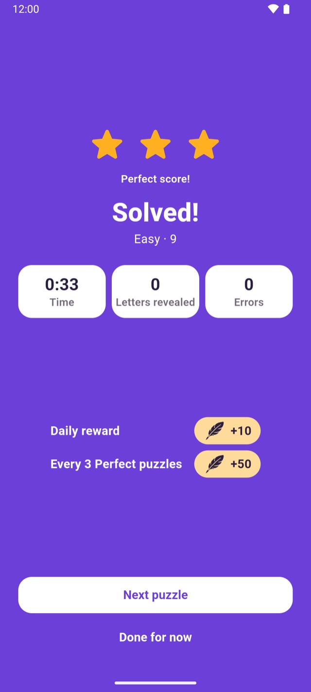 Puzzle complete screen with a Perfect score and rewards