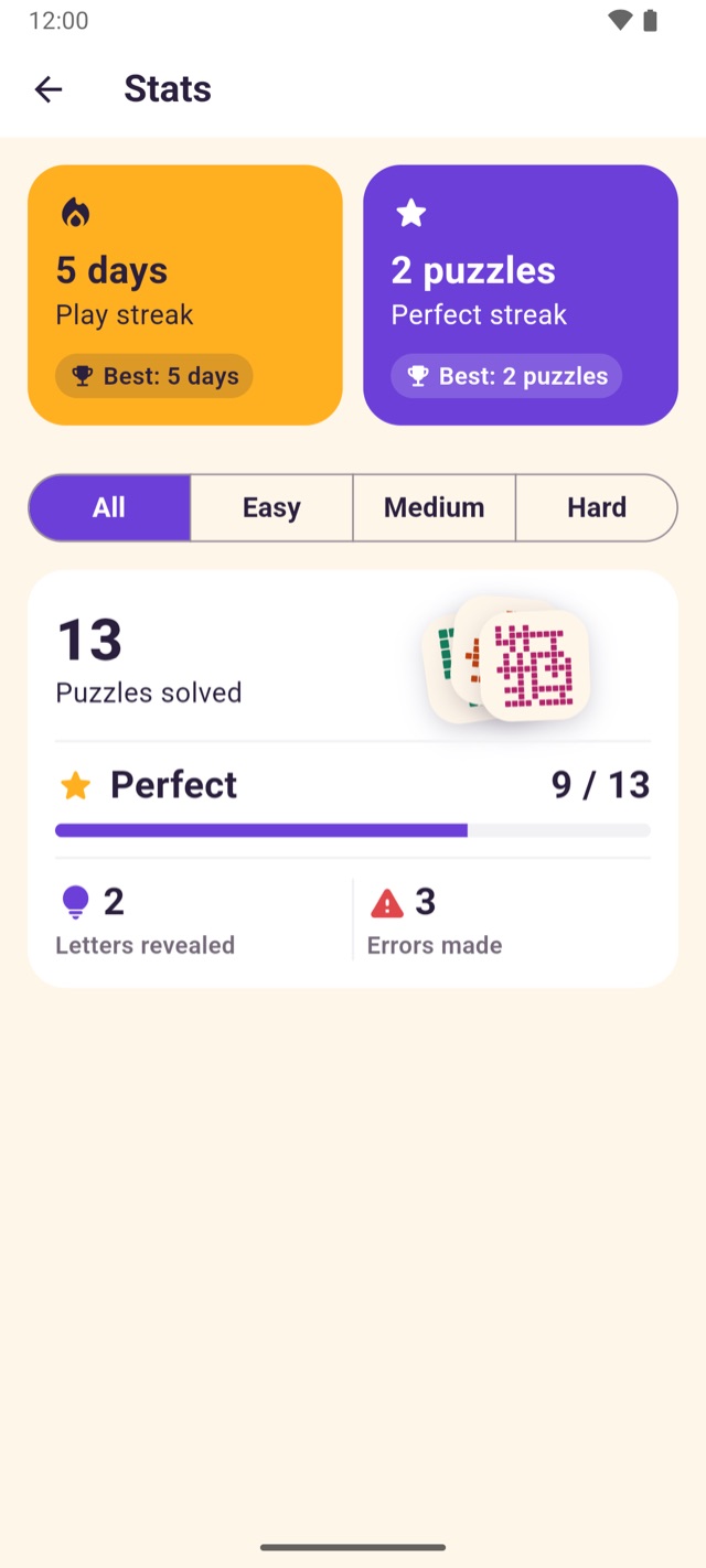 Stats screen with a play streak, a Perfect streak and puzzles solved