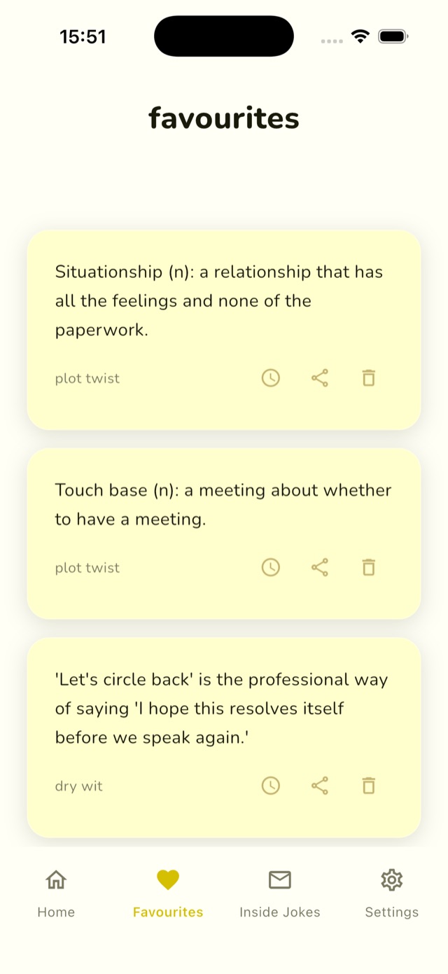 Favourites screen listing saved jokes, with options to share or delete them