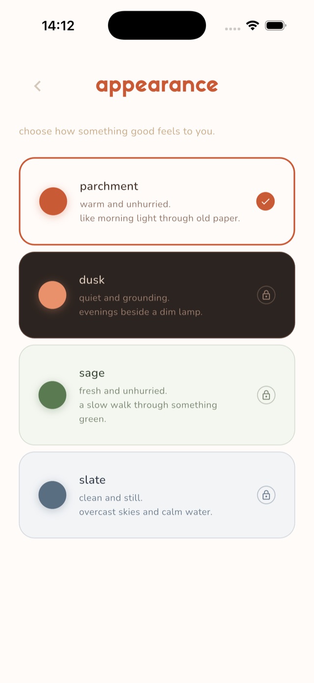 Appearance screen with the parchment, dusk, sage and slate themes. Themes other than parchment require Pro