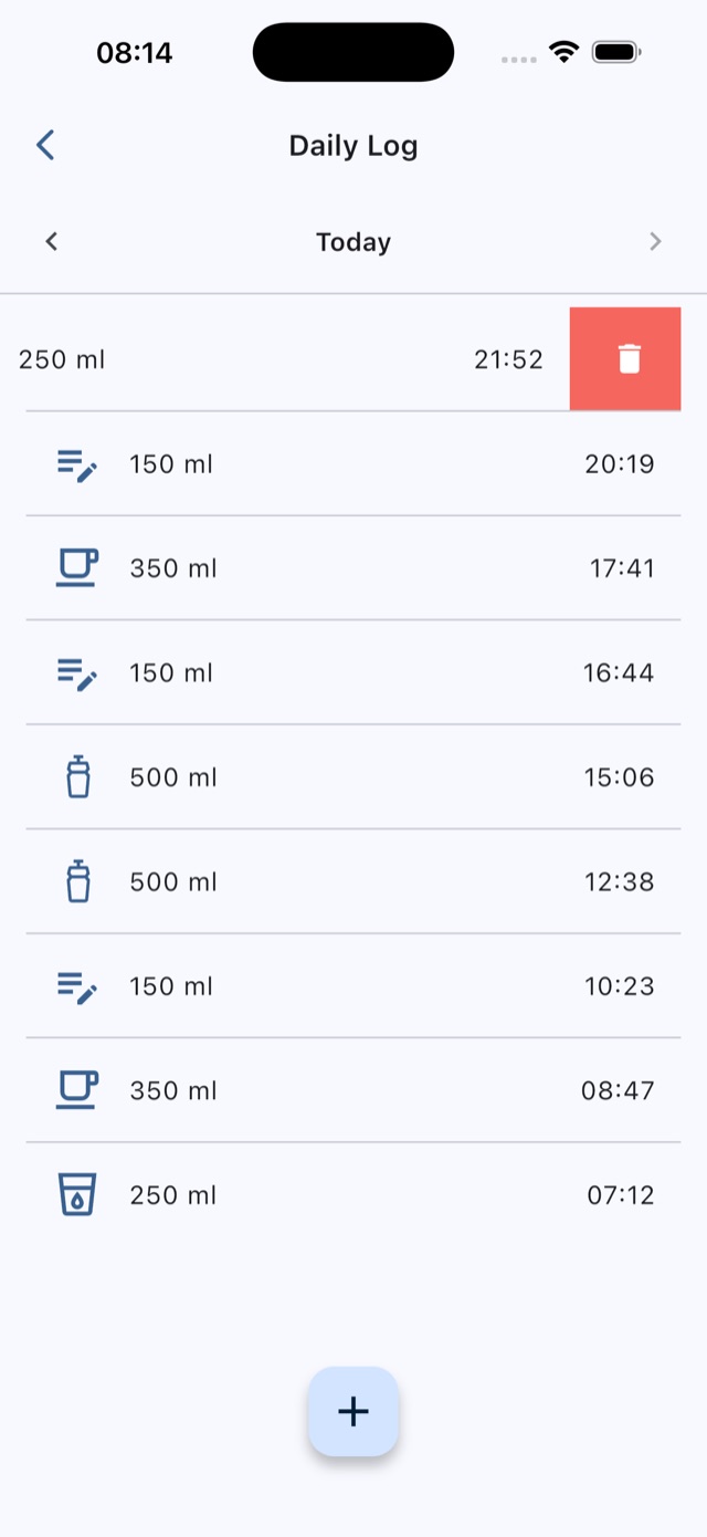 Daily log listing each drink with its container, amount and time
